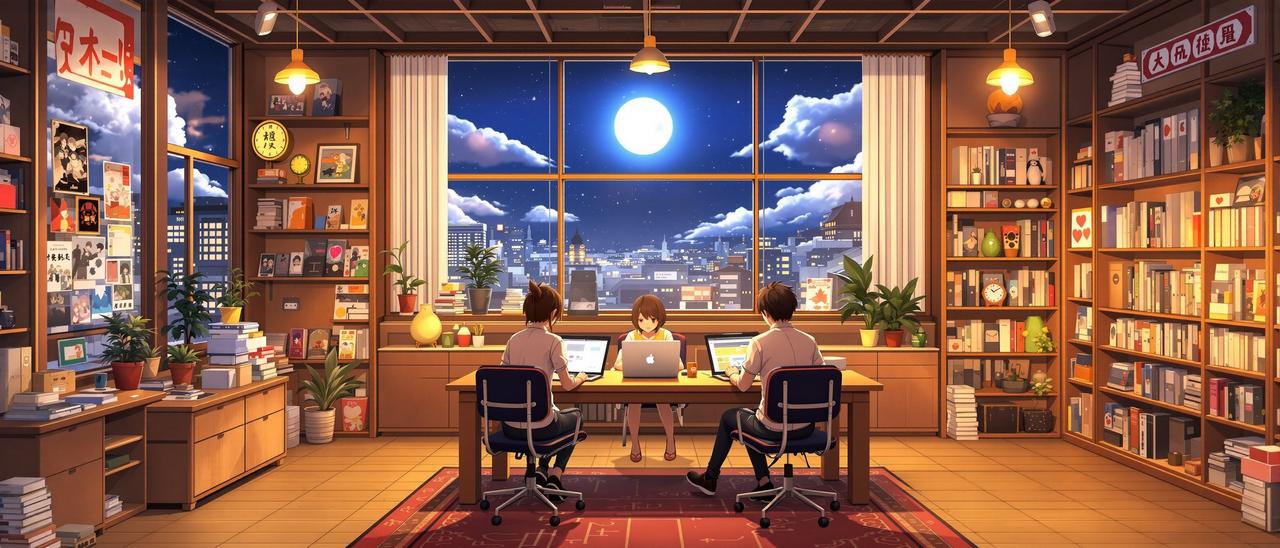 花子动漫团队工作场景 - 月光下的动漫编辑部,充满番剧海报与温暖灯光